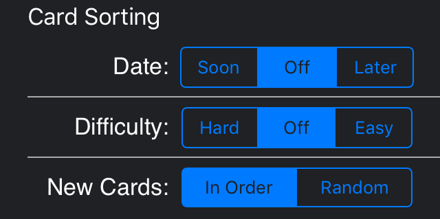 card sorting options